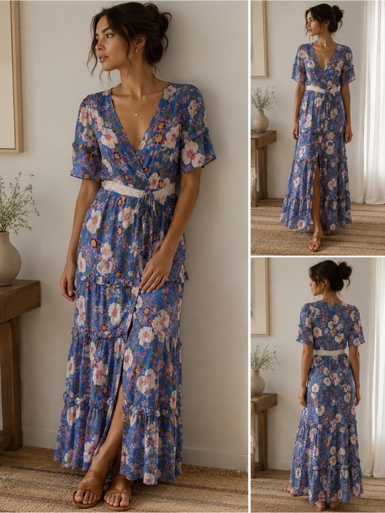 Tularosa Dresses & Skirts - Tularosa Blue Floral Wrap Maxi Dress Crochet Lace Boho Size S